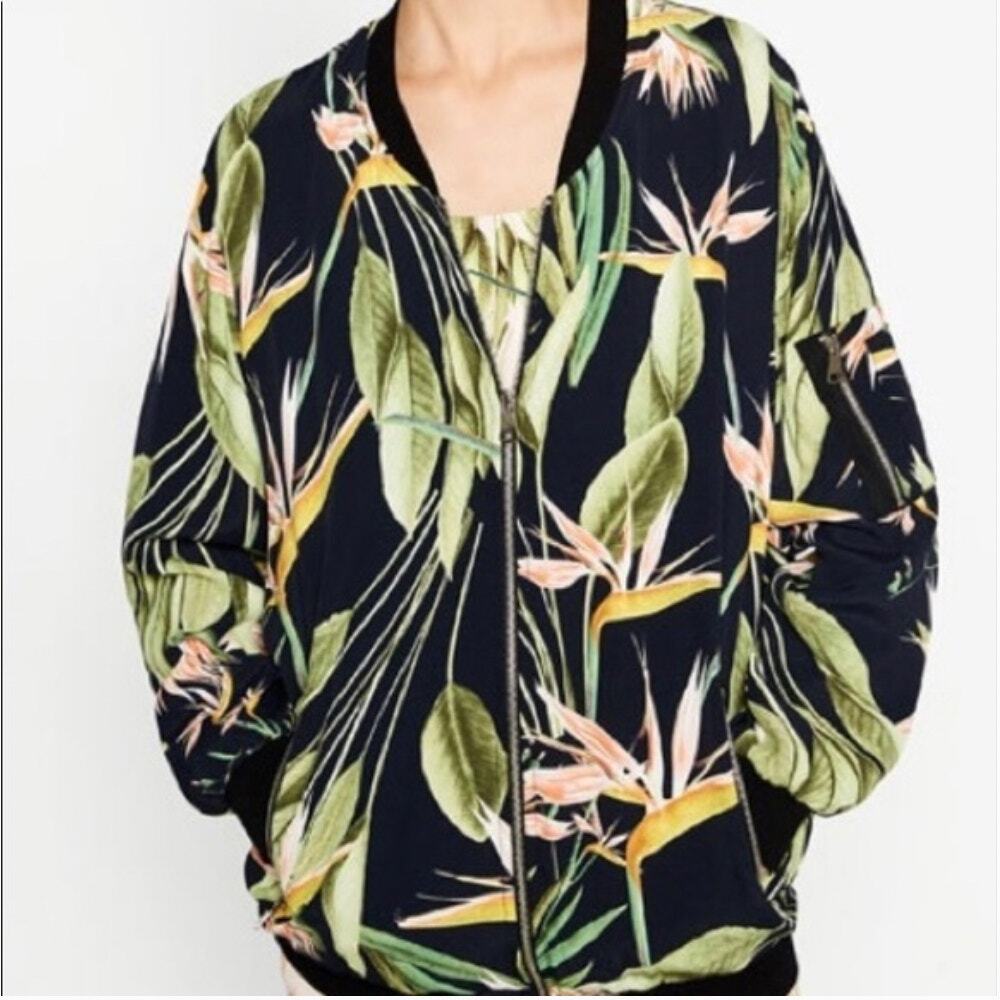 Zara Basic Oversized Tropical Floral Bomber Jacket Size Small